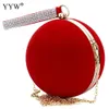 Evening Bags Unique Velvet IronOn Lady Handbag Red Shoulder Bag Spherical Small Clutch Purse Chain Wallet Bolsos Mujer 231219