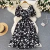 Party Dresses Women Summer Dress For Vacation Flower Print Puff Sleeve Boho Beach Skirt Pink Fairy Ladies Smocked Long Female Gala