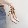 Dress Shoes White Pointed Bow Tie Thin Heel High Heels Women's Side Air Sandals Satin Shallow Cut Single