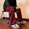 Men's Pants Wine Red Overalls Summer Hip-Hop American Fashion Casual Loose Straight Leg