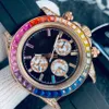 orologio da uomo di lusso meccanico automatico arcobaleno orologio con diamanti 40mm Sei lancette 316 Acciaio raffinato cinturino in caucciù italiano Quadrante in cristallo Orologio impermeabile luminoso