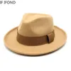 Szerokie brzegowe czapki wiadra czapki mężczyźni zakrzywione wełniane wełna Fedora Hat vintage Trilby Jazz Hat Autumn Winter Derby Magician Party Hat 231218