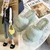 Rhinestones Slippers Wedges Rabbit Hair Pantufa Fur Muffins Shoes Women Flip Flops Cozy Furry Crystal Platform Slides ry