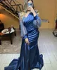 Hot Fashion Navy Blue Evening Birthday Dress V-Neck Long Sequins Sleeve Mermaid Satin Prom Formal Party Gowns Robe De Soiree Vestidos De Feast