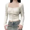 Kvinnors T-skjortor Kvinnor Y2K LACE Trim Crop Tops Square Neck Long Sleeve Top Tie-up Slim Fit T-shirt Corset Fairy Aesthetic Clothes