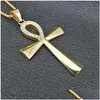 Pendant Necklaces Egypt Iced Out Bling Ankh Cross Pendant Necklace For Women And Men Key Of Life 14K Yellow Gold Egyptian Jewelry Drop Dhlfk