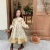 Girl's Dresses Girls Floral Peter Pan Collar Dress Spring Autumn Children Long Sleeved Cotton Linen Knee-Length Dresses for Kids