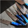 Coltelli da cucina Set di coltelli 10 pezzi Chef professionale giapponese 7Cr17 Acciaio inossidabile Laser Damasco affilato Santoku Maniglia in resina blu Drop Dh7Hn
