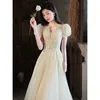 Party Dresses Champagne Evening Dress Princess Puff Sleeve Sweetheart Collar Llusion Slim Embroidered Prom Gown A-Line Long Bridesmaid