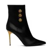 Luxury Winter Bal Alma Roni Ankle Boots Metal Stiletto Heels Black Leather Pointed Toe Gold Buttons Booties Lady Dress Elegant Walking EU35-43