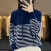 Kadın Sweaters Sonbahar ve Kış Yuvarlak Boyun Çizgili Kalın Kapşonlu Merino Sweater bayanlar Gevşek Uzun kollu örgü kazak