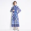 Paisley Print semester Boho Maxi Dress Woman Designer Långärmad mock nack Slim Button Front Shirts Dresses 2024 Spring Fall Lace Up Bow Runway Cocktail Ballgown