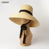 USPOP estate per le donne paglia di grano naturale alto piatto top lungo nastro stringato sole cappelli da spiaggia a tesa larga 220607296I