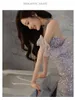 캐주얼 드레스 반짝이는 스팽글 퍼플 저녁 섹시한 고삐 소매 소매 소매 바닥 길이 여성 긴 인어 공식적인 무도회