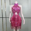 Stage Wear Sexy Sparkly Pink Gold Sequins Rhinestones Short Tassel Dress Performance Dance Costume Club Birthday Po Shoot