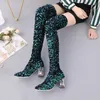 Sexy Brand Design 91 Sequined Round Head Contrasting Color Elastic Thin Punk Style Knee Large Size High Heel Catwalk Boots 231219 a
