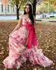 Eye Catching Hot Pink Floral Prom Dresses 2024 Taffeta Bow Strapless Organza Long Formal Evening Cocktail Gala Party Pretty Pageant Gowns Skirt Slit