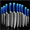 Kitchen Knives Knife Set 10 Pieces Chef Professional Japanese 7Cr17 Stainless Steel Laser Damascus Sharp Santoku Blue Resin Handl Drop Dh7Hn