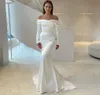 Robe de soirée de sirène blanche 2024 plissée manches longues sur l'épaule dos nu satiné fête de bal robes formelles robes de fête robe de soirée