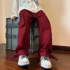 Men's Pants Wine Red Overalls Summer Hip-Hop American Fashion Casual Loose Straight Leg