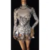 Stage Wear Sparkly Silver Mirror Sequins Sexy Dress Bright Rhinestones Bodysuit Women's Birthday Celebrate Gifts Performance Clothes