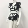 Vestidos de trabalho punk gótico pena arnês conjunto boate oco para fora regatas sexy lingerie festival rave carnaval festa feminina 2 peça roupas