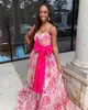 Eye Catching Hot Pink Floral Prom Dresses 2024 Taffeta Bow Strapless Organza Long Formal Evening Cocktail Gala Party Pretty Pageant Gowns Skirt Slit