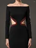 Casual Jurken Sexy Off Schouder Lange Mouw Diamant Taille Uitsparing Bandage Jurk Vrouwen Zwart Backless Rood Kristal Maxi Party Runway Club