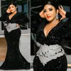 Plus Size Aso Ebi Prom Dresses Deep V Neck Long Sleeves Sequined Lace Mermaid Evening Formal Dress for Black Women African Nigeria Birthday Party Gowns ST665