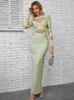 Abiti Casual Donna Inverno Sexy Manica Lunga Scava Fuori Verde Menta Aderente Maxi Abito Dalla Fasciatura 2023 Elegante Serata Club Party