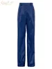 Capris Clacive Pantaloni da donna in pelle PU blu moda eleganti pantaloni dritti a vita alta slim streetwear pantalones abbigliamento femminile