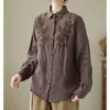 Damesblouses Vintage mode Borduren Gesplitst overhemd met lange mouwen Kleding Casual All-match Losse effen kleur Single-breasted blouse