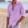 Mäns casual skjortor sommar plus storlek skjorta för män solid överdimensionerad lös långärmad topp vänd ner krage lila mode blusa