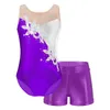 Bühnenkleidung Kinder Mädchen Ballett Tanz Sets Sport Gymnastik Outfits Mesh Patchwork Glitzer Pailletten Trikot mit Shorts für Leistung