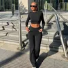 Zweiteilige Damen-Hose, Hirigin-Workout-Outfits für Frauen, 2 lange Ärmel, bauchfreie Tops und Bootcut-Leggings, Hosen-Set, ästhetisches aktives Yoga