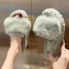 Rhinestones Slippers Wedges Rabbit Hair Pantufa Fur Muffins Shoes Women Flip Flops Cozy Furry Crystal Platform Slides ry