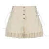 Women's Shorts IAMTY Sweet Mesh Tiered Ruffle Skirts Khaki Wide Form Side Bandage Cute Pants Lolita Style Soft Girls Y2K