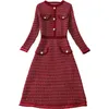 2023 autumn Long Sleeve Crew Neck Red Panelled Button Tweed A-Line ball gown Dress Elegant Casual Dresses