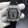 Hip Hop Herren-Trend-Armbanduhr mit Diamantgehäuse, große Diamant-Lünette, Uhren mit schwarzem Kautschukarmband, automatische mechanische Uhr W302U