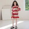 Giyim Setleri Kore Bahar Sonbahar Kız Çocukların Üst ve Alt Seti Junior Striped Hooded Sweatshirt 4-12yrs için Piled Etek