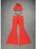 Pantaloni a due pezzi da donna Set di due pezzi con fasciatura a catena con diamanti lucidi di lusso sexy Set da donna rosso senza schienale Crop Top Flare Abiti da sera Discoteca