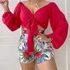 Fatos femininos sexy rendas até nó com decote em v cor sólida curto topo impresso shorts de duas peças conjunto senhoras blusa verde roupas com cinto