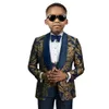 Zetknięte złożone z Gold Floral Printed Boy's Set, w tym blezer kamizelki Urodziny Formalne ubiórki dla chłopców Smart Fashion Tuxedo Strój dla dziecka od 3T do 14T