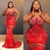 2024 Plus Size Aso Ebi Prom Dresses African Arabic Mermaid Sheer Neck Long Sleeves Lace Appliqued Beaded EveniNG Formal Dress for Black Women Girls Reception AM228