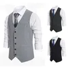 Men's Vests Fashion Black Grey Mens Casual Vest Stripe Solid Color Slim Large Size Business Office Waistcoat Groom Wedding Dress Suit