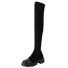 Bottes Hiver Long tube bottes au-dessus du genou femmes en cuir noir montrer bottes extensibles minces à semelles épaisses talons carrés chaussures de démarrage de chevalier 231219