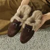 Suede winter schapen konijnenhaar muilezels voor vrouwen rond dikke hiel deksel teen slippers schoenen