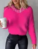 Kvinnors tröjor tröja 2023 Autumn Fashion Rhinestone Studded Fuzzy Casual Round Neck Plain Long Sleeve Daily Knit Pullover