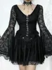 Women's T Shirts 2024 Dark Gothic Lace Corset T-shirt Women Vintage Elegant Cyber Punk Streetwear Sexy See Through Flare Sleeve Crop Tee