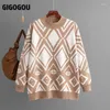Женские свитера GIGOGOU Geomatric, вязаный зимний осенний женский пуловер с круглым вырезом, мягкий женский трикотаж, верхняя одежда Femme